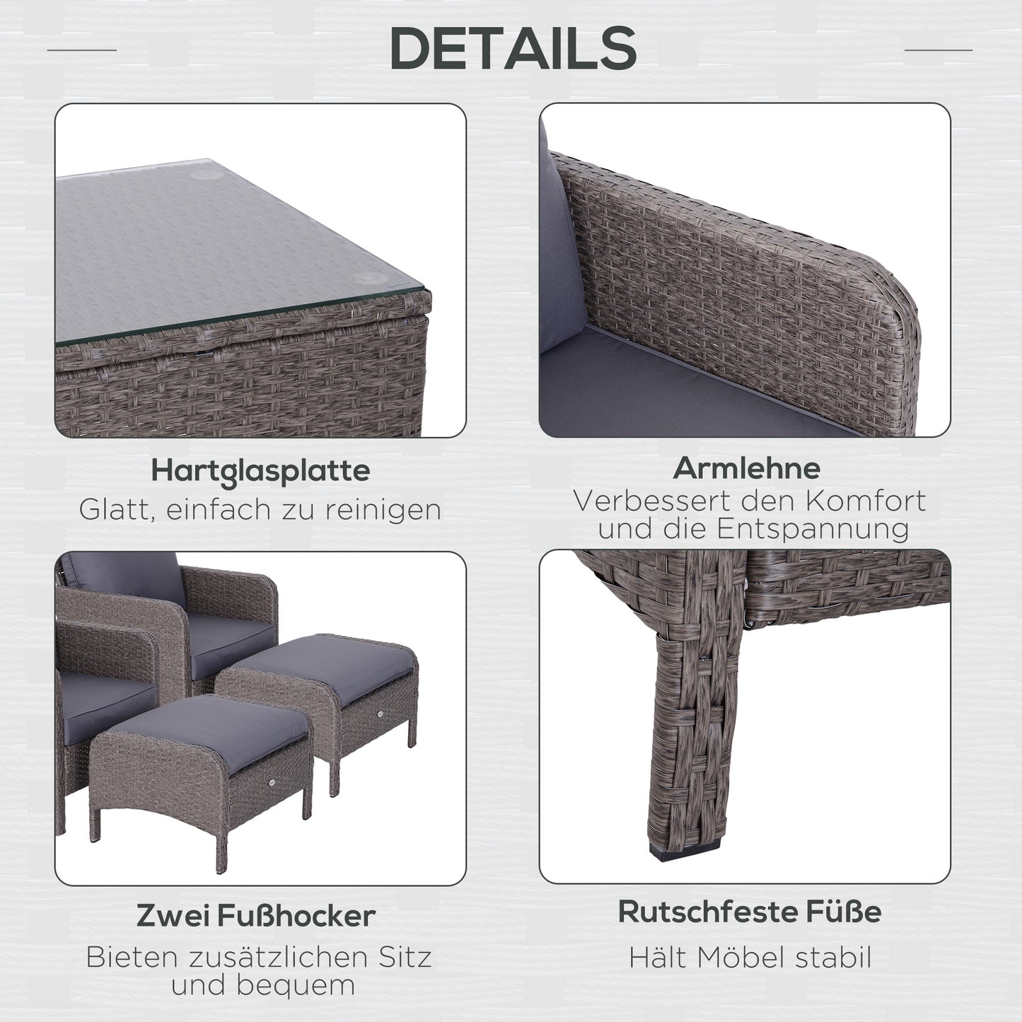 Outsunny 5-tlg. Polyrattan Gartenmöbel Sitzgruppe Gartenset Sofagarnitur Garnitur Lounge mit Kissen Dunkelgrau 2 x Sessel 1 x Couchtisch 2 x Hocker