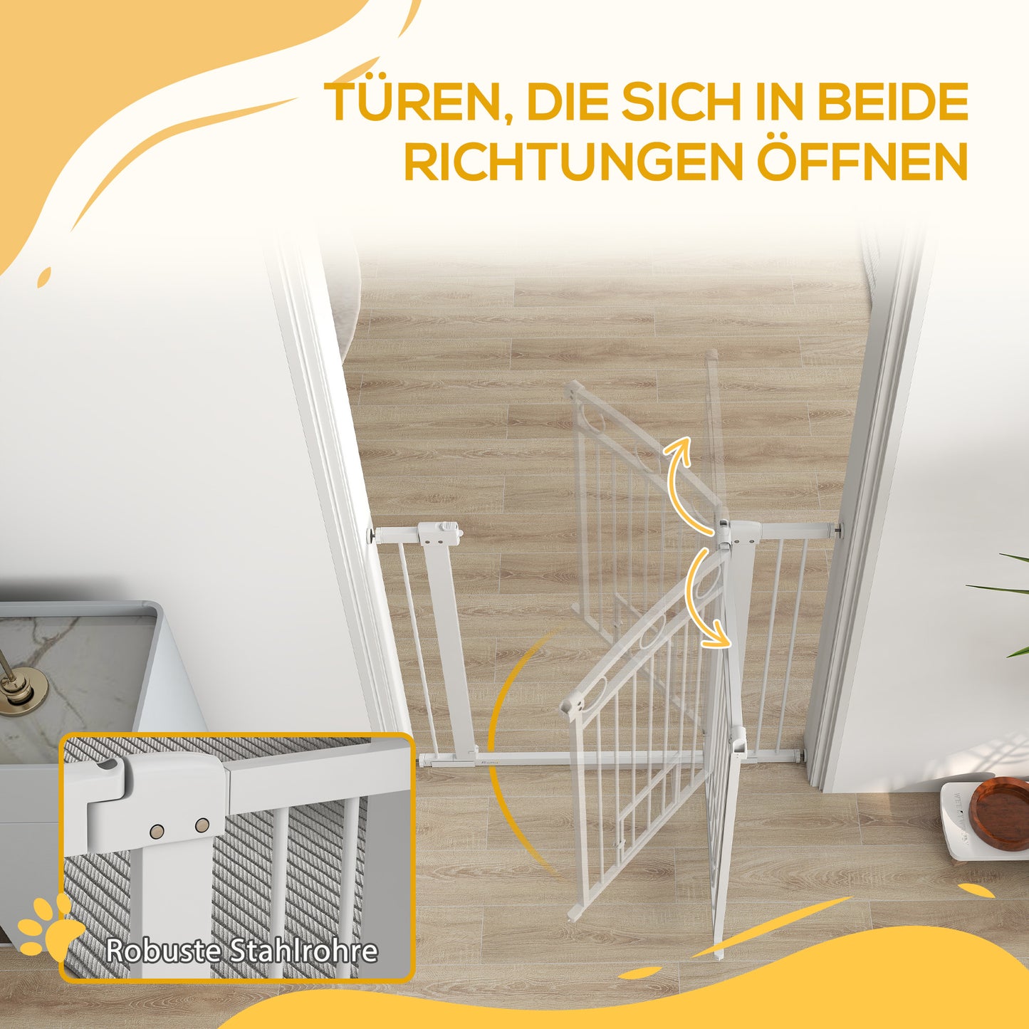 PawHut Haustiertor, 96 cm Treppengatter, verstellbar Breite 76-104 cm, mit Katzentür, für Treppen och Türöffnungen, Weiß