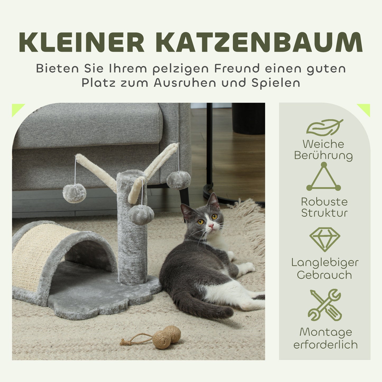 PawHut Kratzbaum 40 cm Kleiner Katzenturm mit Höhle, 2 Spielball, Kratzmatte, Katzenkratzbaum, Kletterbaum, für kleine &amp; große Katzen, Hellgrau