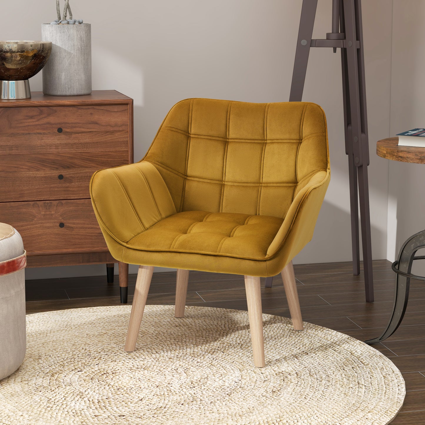 HOMCOM Polstersessel, Akzentsessel, Skandi Design, Samtoptik, bis 120 kg, Kautschukholzbeine, Gelb