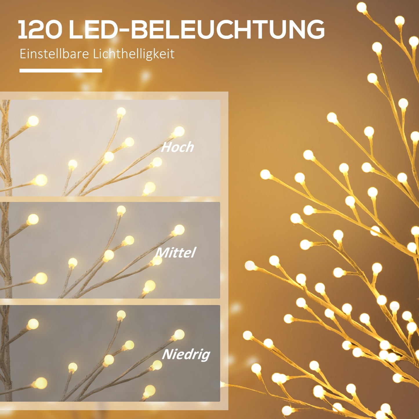 HOMCOM Künstliche Birke mit 120 LED-Lichtern, 3 Helligkeitsstufen, faltbare Äste, IP44, 150 cm, Weiß