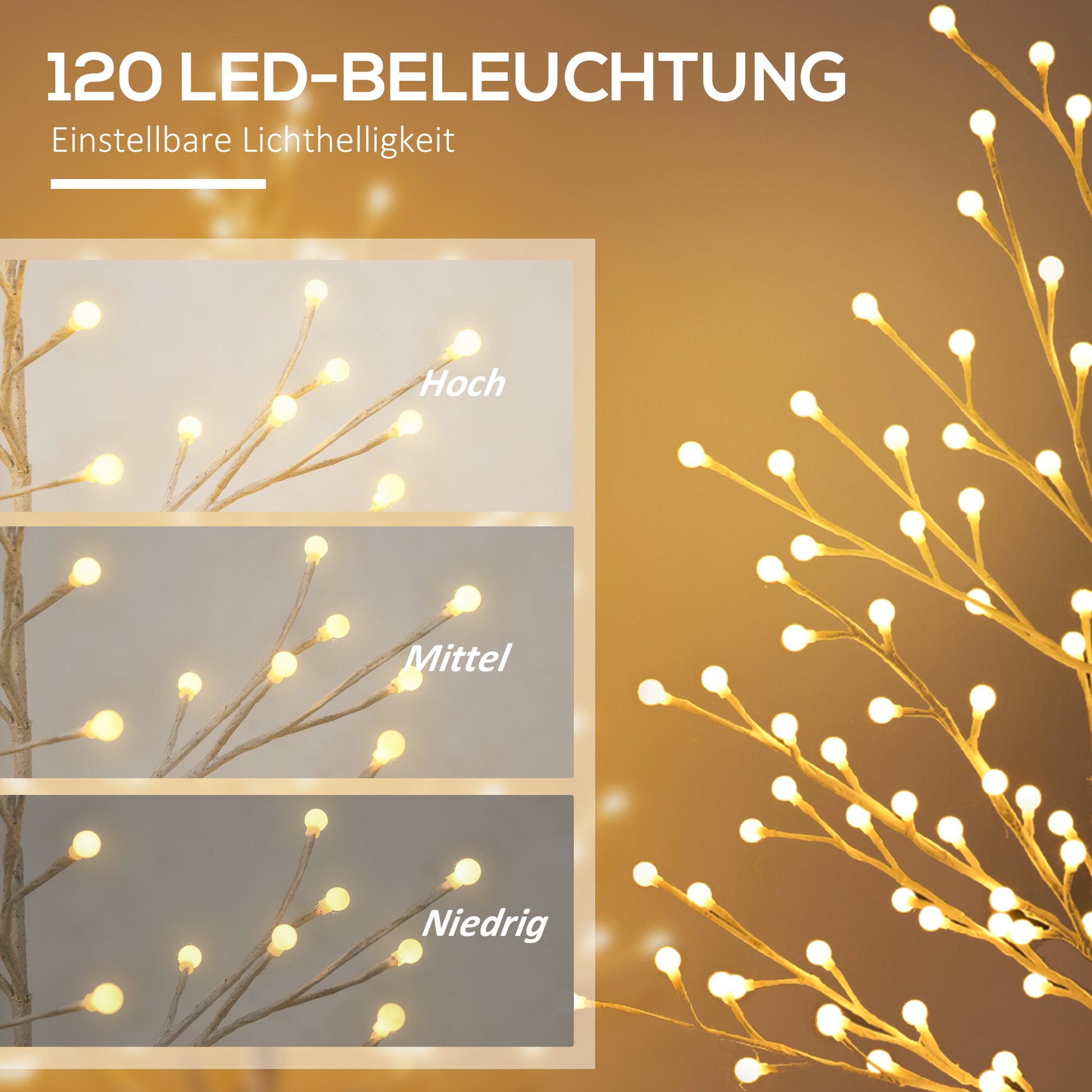 HOMCOM Künstliche Birke mit 120 LED-Lichtern, 3 Helligkeitsstufen, faltbare Äste, IP44, 150 cm, Weiß