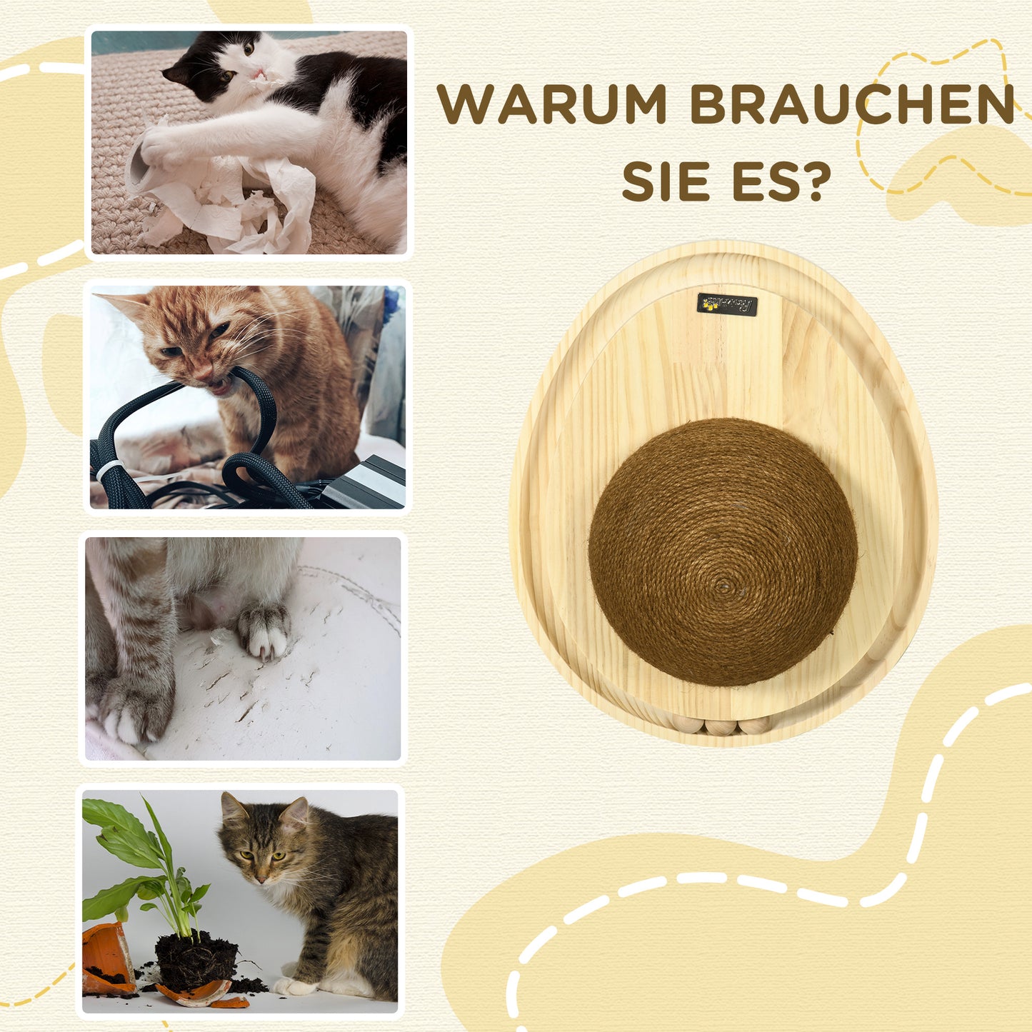 PawHut interaktiva Katzenspielzeug, Kratzfläche, oval Kugelbahn, Kiefernholz, 39,5 x 32,5 x 14,5 cm