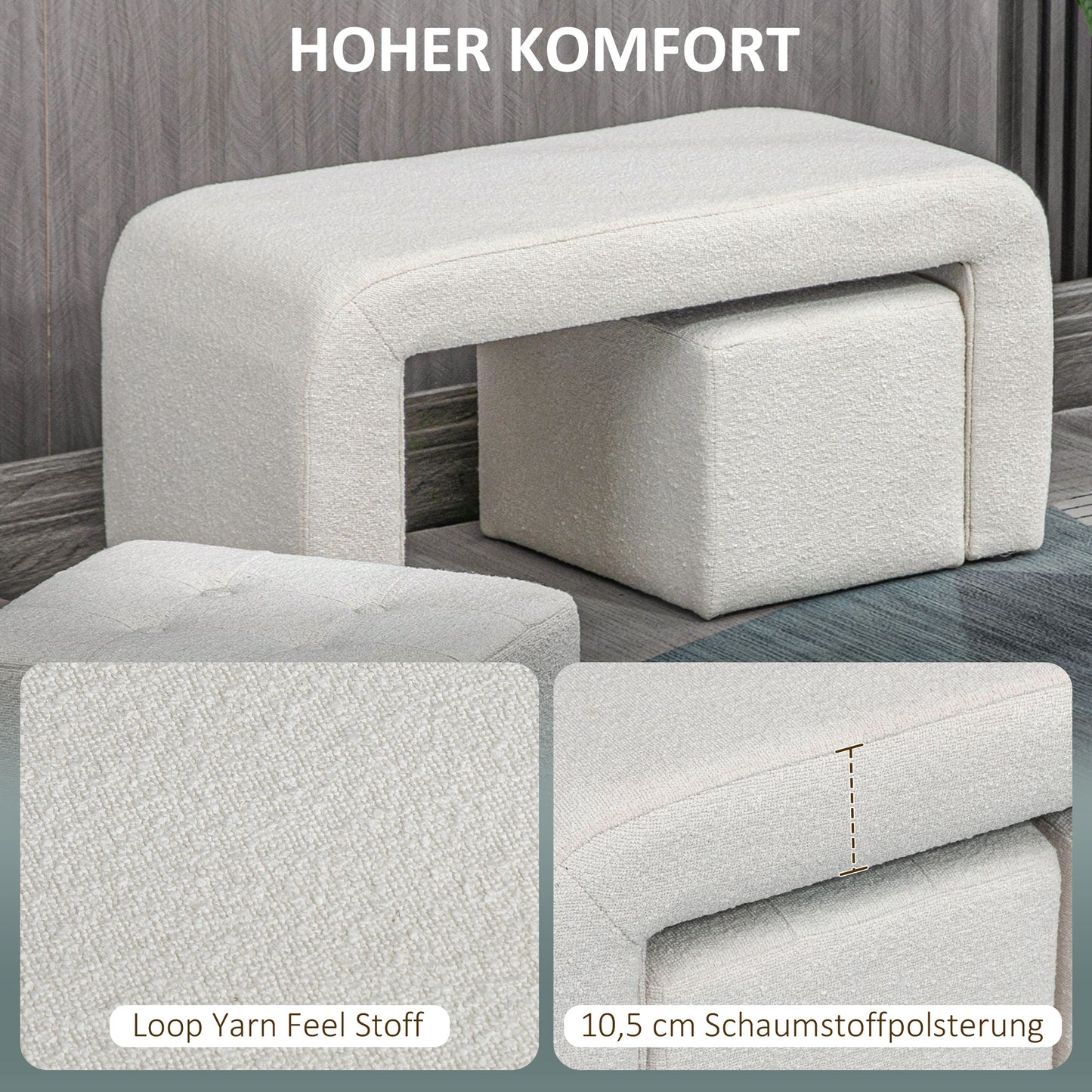 HOMCOM Fußhocker-Set Fußhocker 3-teilig, Knopfheftung, 89 cm x 42,5 cm x 45 cm, Creme