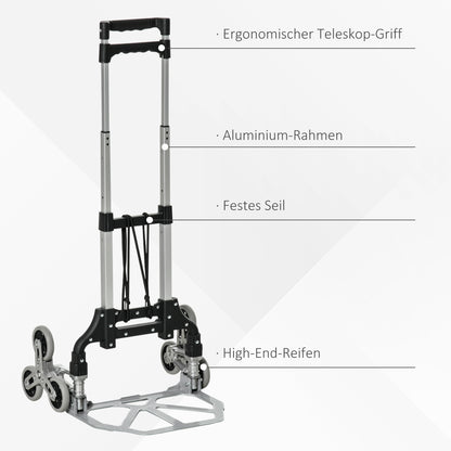 DURHAND Klappbarer Treppensteiger mit 6 Rädern, inkl. Befestigungsgurt, automatische Klappfunktion, Silber + Schwarz