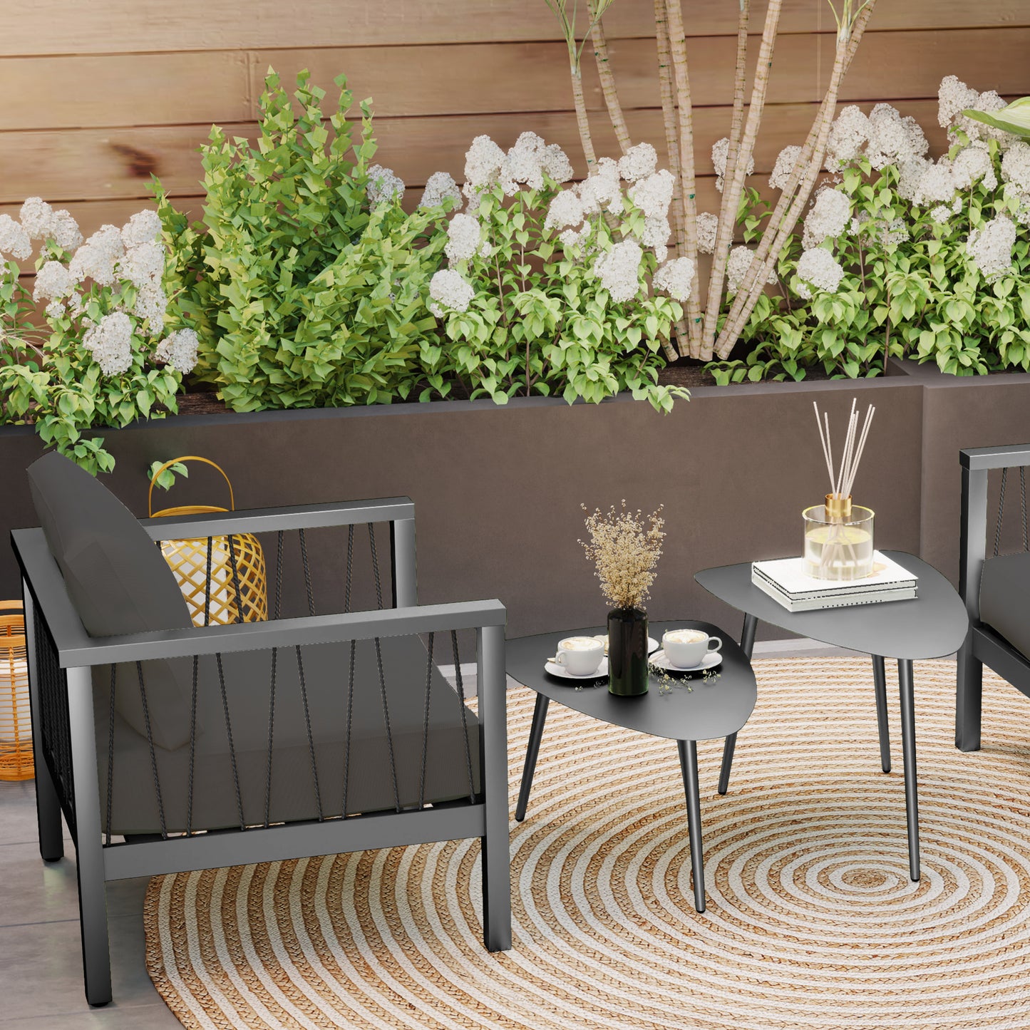 Outsunny Couchtisch 2er Set, Wetterfest Balkontisch aus Stahl, Beistelltisch im Geometrischem Design Schwarz