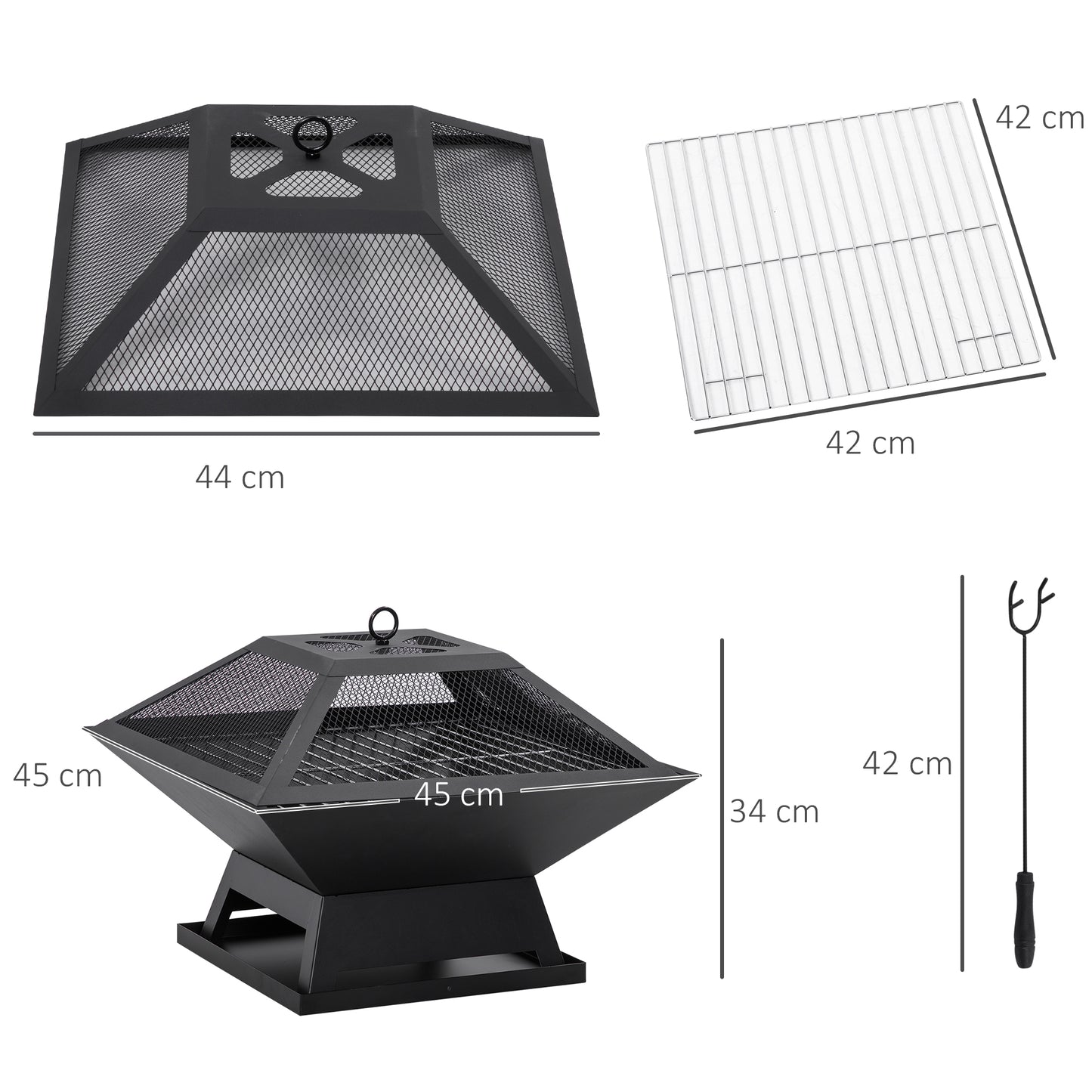 Outsunny Feuerschale 45 x 45 x 34cm aus Edelstahl Feuerstelle mit Funkenschutz Schürhaken Feuerschalen Feuerkorb für Garten, Balkon, BBQ Camping Schwarz