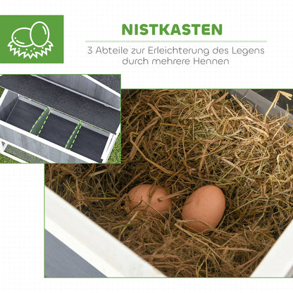 PawHut Hühnerstall mit Auslauf für 3-4 Hühner, 3-tlg. Nistkasten, 1,9 m² Fläche, Tannenholz, Grau