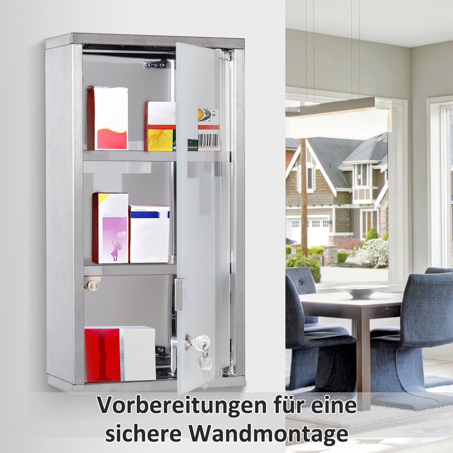 HOMCOM Medizinschrank aus Edelstahl Arzneischrank zur Medikamenten-Aufbewahrung, Abschließbar Medikamentenschrank mit 3 Fächer, Glastür 25 x 12 x 48 cm, Silber