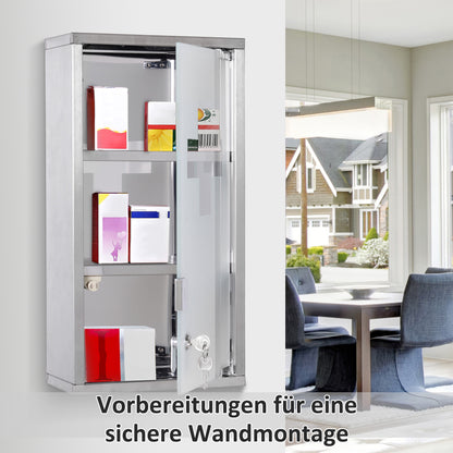 HOMCOM Medizinschrank aus Edelstahl Arzneischrank zur Medikamenten-Aufbewahrung, Abschließbar Medikamentenschrank mit 3 Fächer, Glastür 25 x 12 x 48 cm, Silber