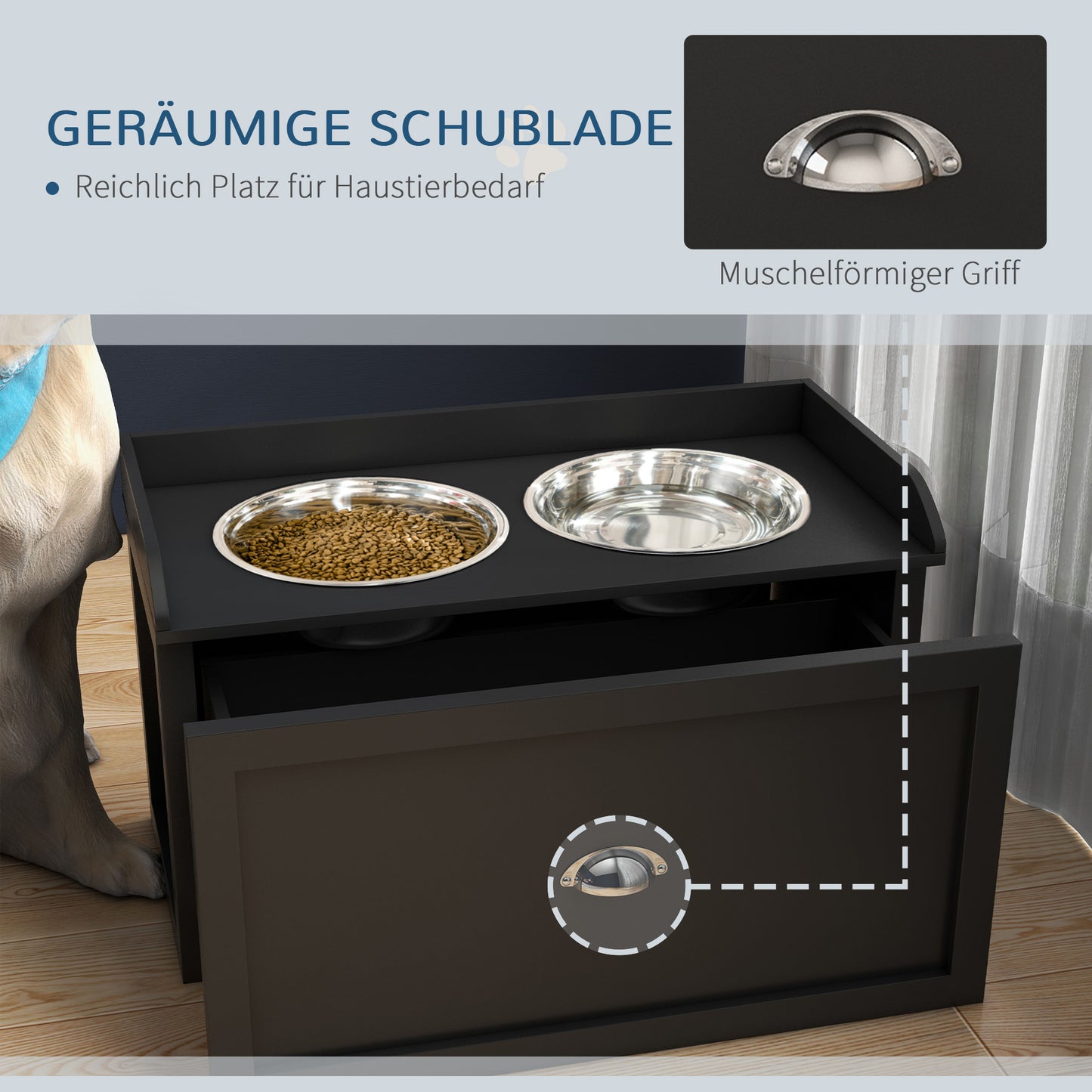 PawHut Futterstation, 2 Fressnäpfe je 2 Liter, Edelstahl, mit Schublade, für große Hunde, schwarz+silber, 60 x 30 x 36 cm