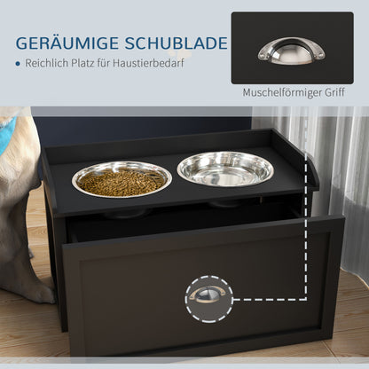 PawHut Futterstation, 2 Fressnäpfe je 2 Liter, Edelstahl, mit Schublade, für große Hunde, schwarz+silber, 60 x 30 x 36 cm
