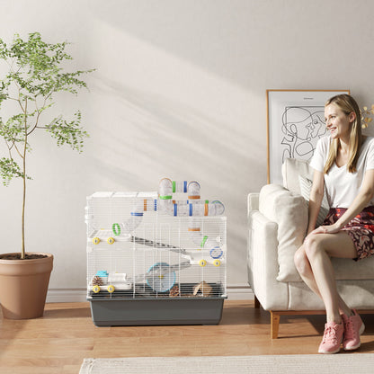 PawHut Zwerghamsterkäfig, 4 Ebenen, Tunnelsystem, Hütte, Zubehör, obere Öffnung, 78 x 45 x 73 cm, Grau