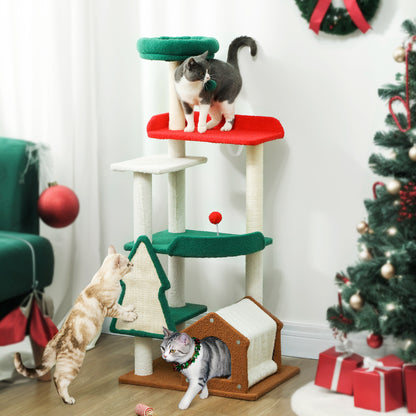 PawHut 135 cm Katzenkratzbaum i Weihnachtsfarben mit Katzenbett, Katzenhaus, Kratzpfosten, Sprungplattformen, Spielzeugbällen