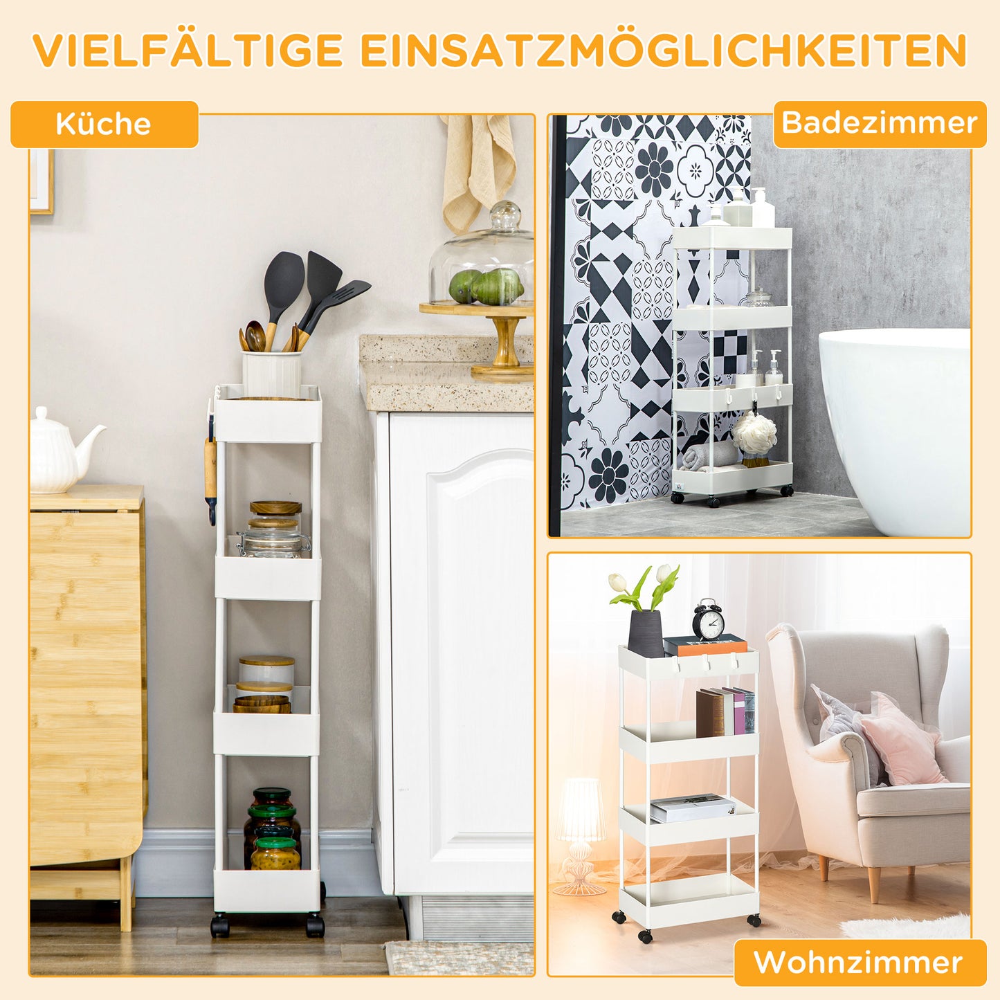 HOMCOM Küchenwagen mit 4 Regalen, 4 flexiblen Haken, 4 Rollen, 40 cm x 19 cm x 90 cm, Nischenwagen, Weiß