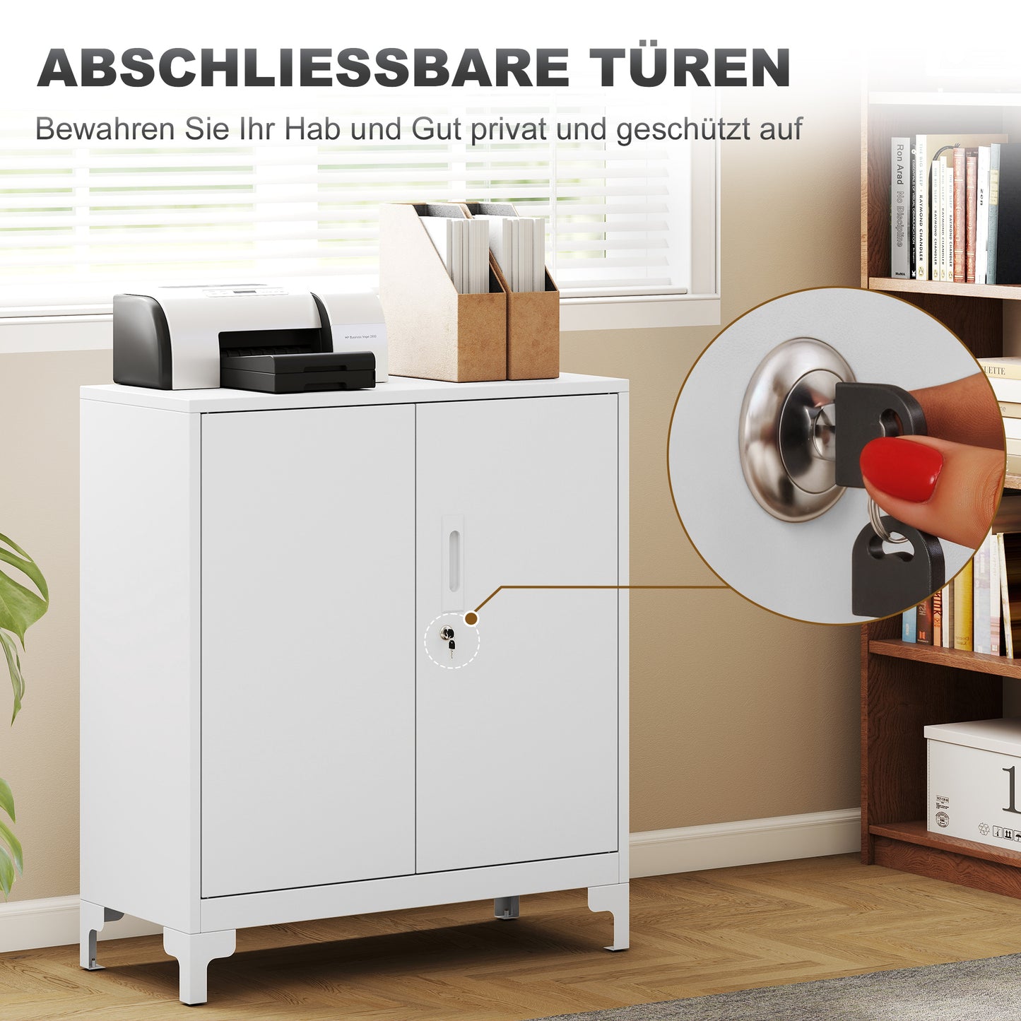HOMCOM Büroschrank aus Metall, verschließbare Türen, Bürokommode, 2-stufiges Design, Weiß