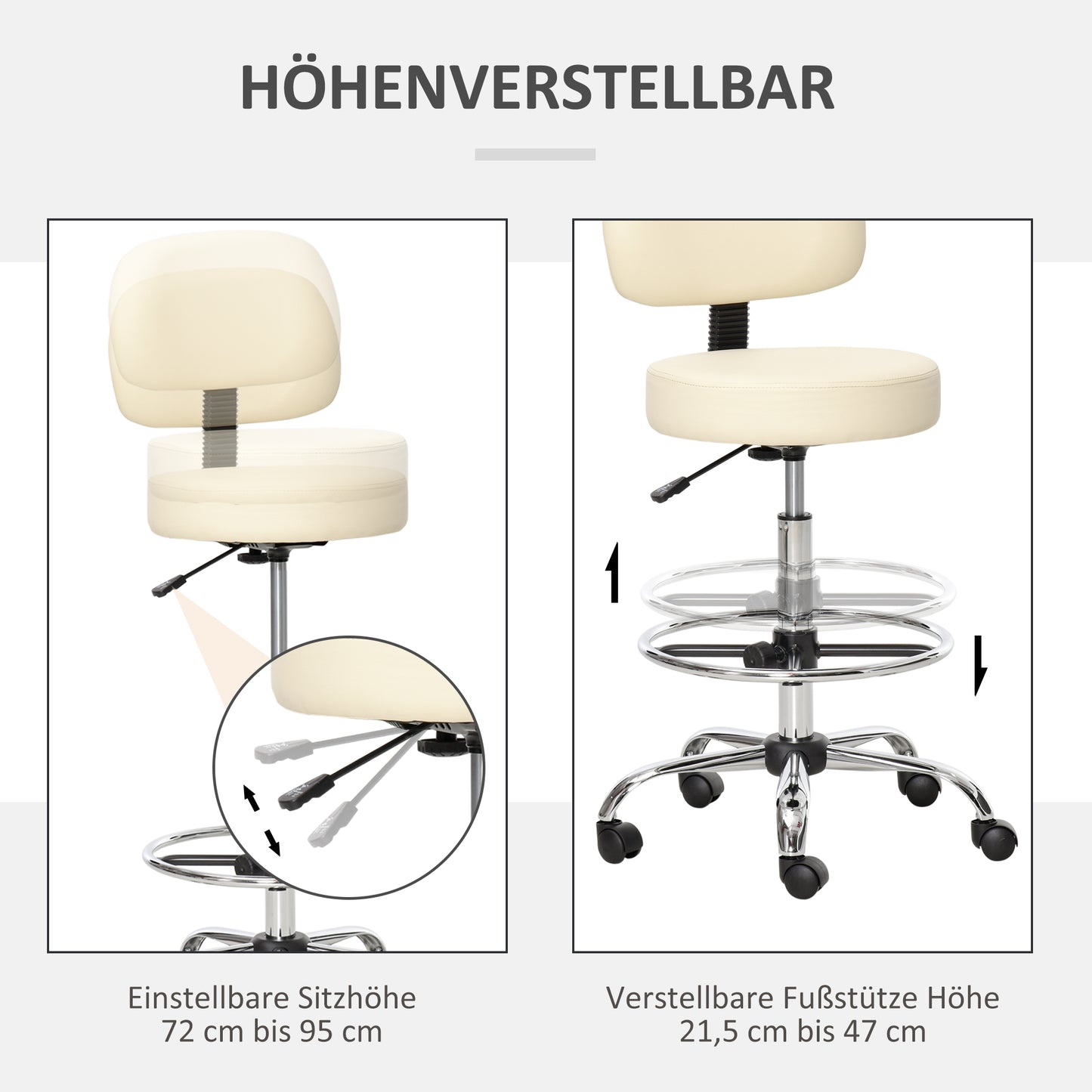 HOMCOM Barhocker Drehstuhl Höheverstellbarer Barstuhl mit Rollen aus Kunstleder-Leder Arbeitshocker Bürohocker 360° schwenkbar mit Lehne Gepolstertet Beige 56 x 57 x 104-127 cm