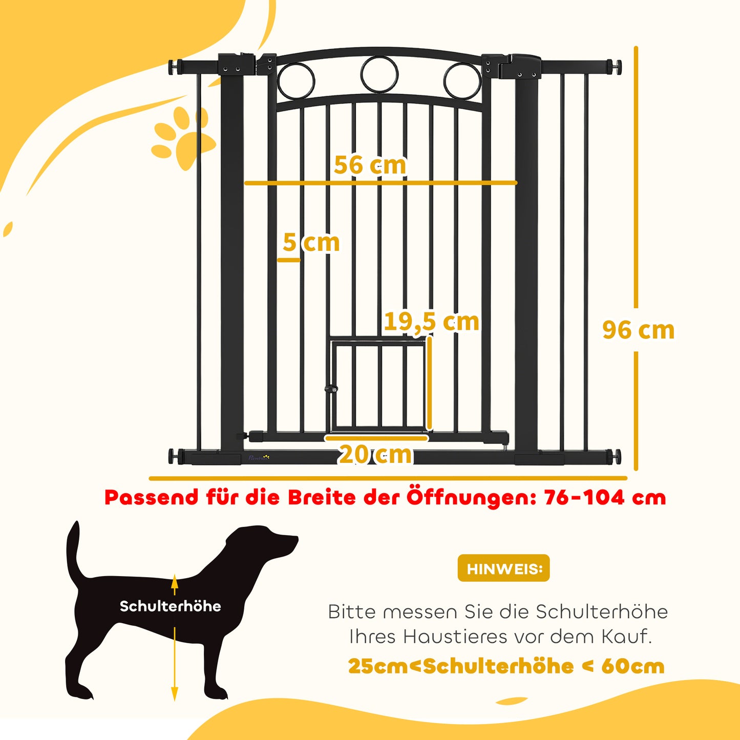 PawHut Haustiertor, 96 cm Treppengatter, verstellbar Breite 76-104 cm, mit Katzentür, für Treppen och Türöffnungen, Schwarz