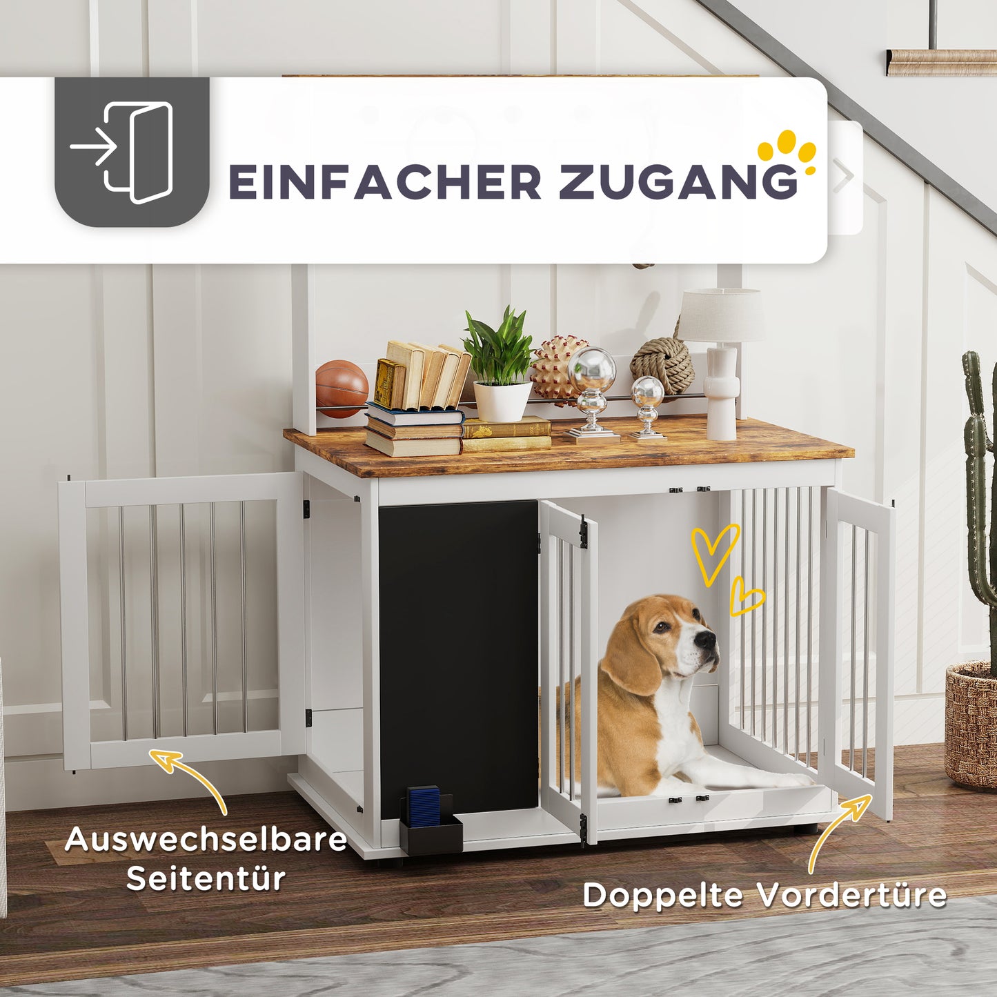 PawHut Hundebox mit Aufbewahrungsregal für Spielzeug, Haken für Leinen, Schreibtafel, Radiergummi, für große Hunde, Weiß