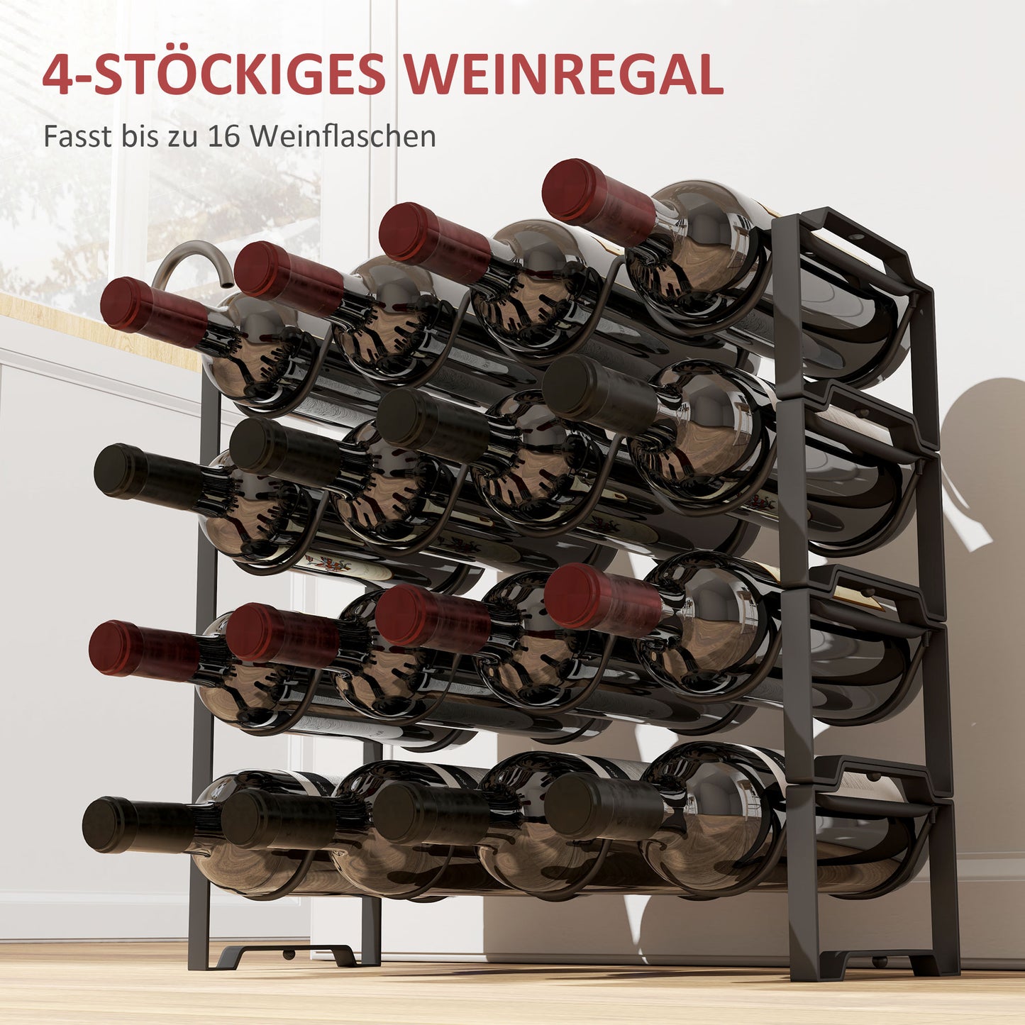 HOMCOM 4-stufiges Weinregal, freistehendes Regal für 16 Weinflaschen, Metall, Schwarz