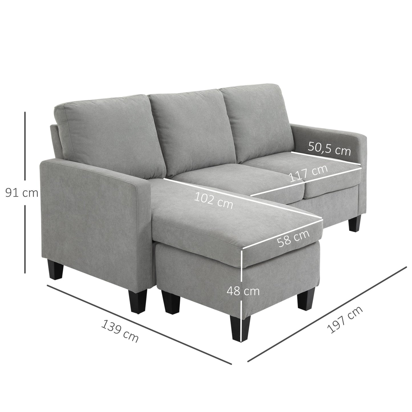 HOMCOM Ecksofa mit Schlaffunktion, 3-Sitzer-Sofa mit Bettkasten und Kissen, Eckcouch, L-Form Couch, Stoffbezug, Grau