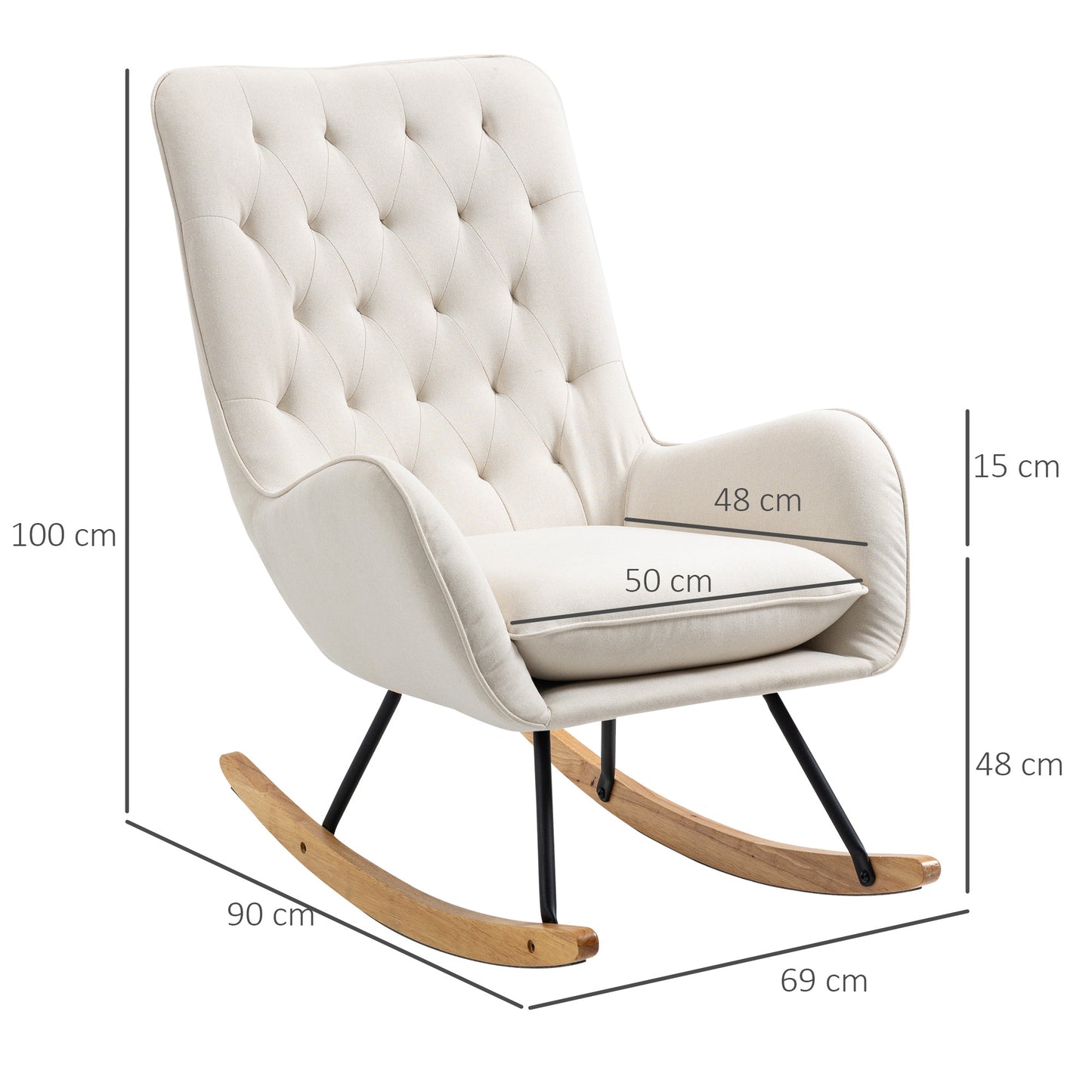 HOMCOM Schaukelstuhl im Skandi-Design Relaxsessel, Knopfheftung, 69 cm x 90 cm x 100 cm, Creme + Natur + Schwarz