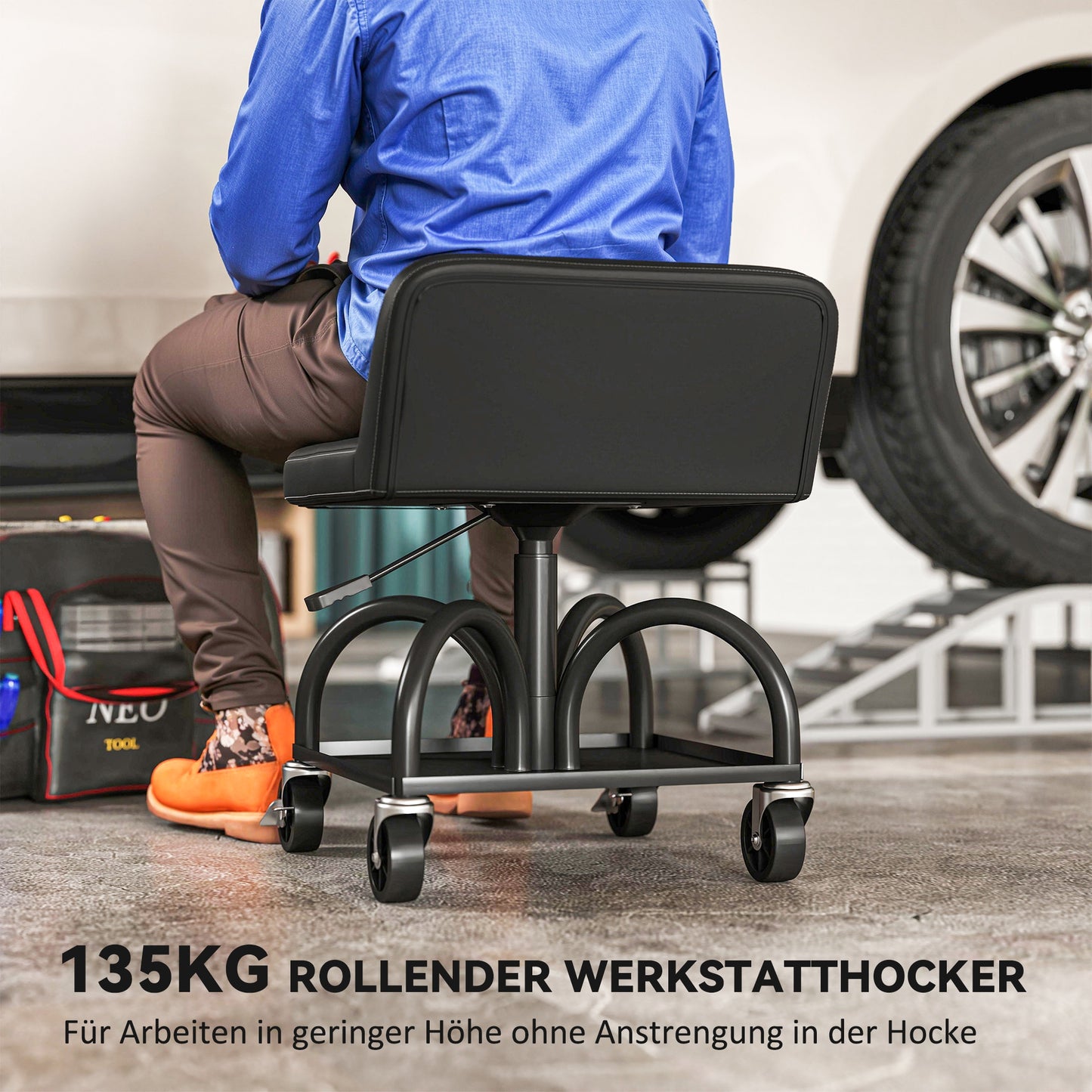 HOMCOM Werkstatthocker mit Rollen Ablagefläche, 58,5 cm hoch Rollhocker bis 135 kg belastbar Schwarz
