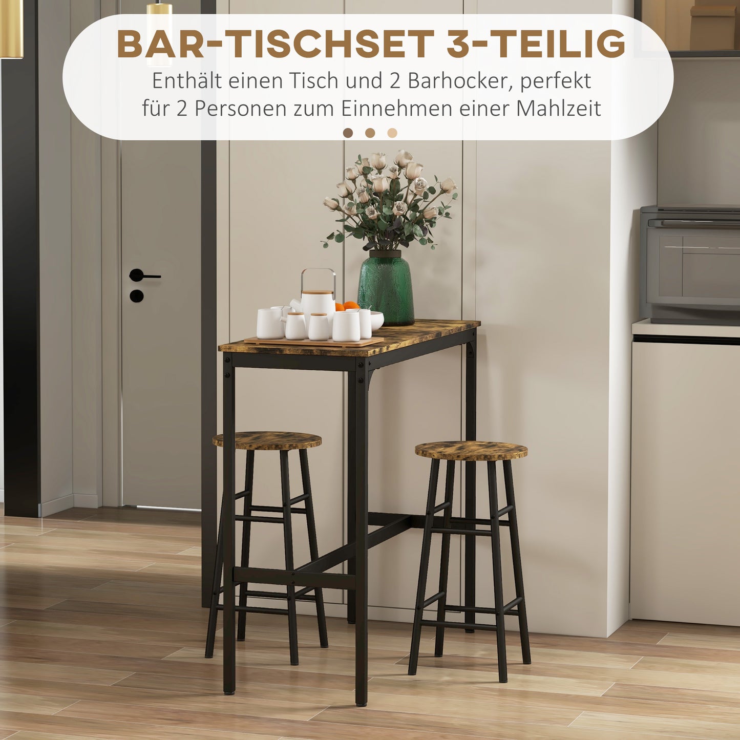 HOMCOM Bartisch mit 2 Stühlen im Industriedesign 2er-Set Barhocker mit Tisch, Industriedesign, 3-teilig, Braun + Schwarz