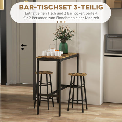 HOMCOM Bartisch mit 2 Stühlen im Industriedesign 2er-Set Barhocker mit Tisch, Industriedesign, 3-teilig, Braun + Schwarz