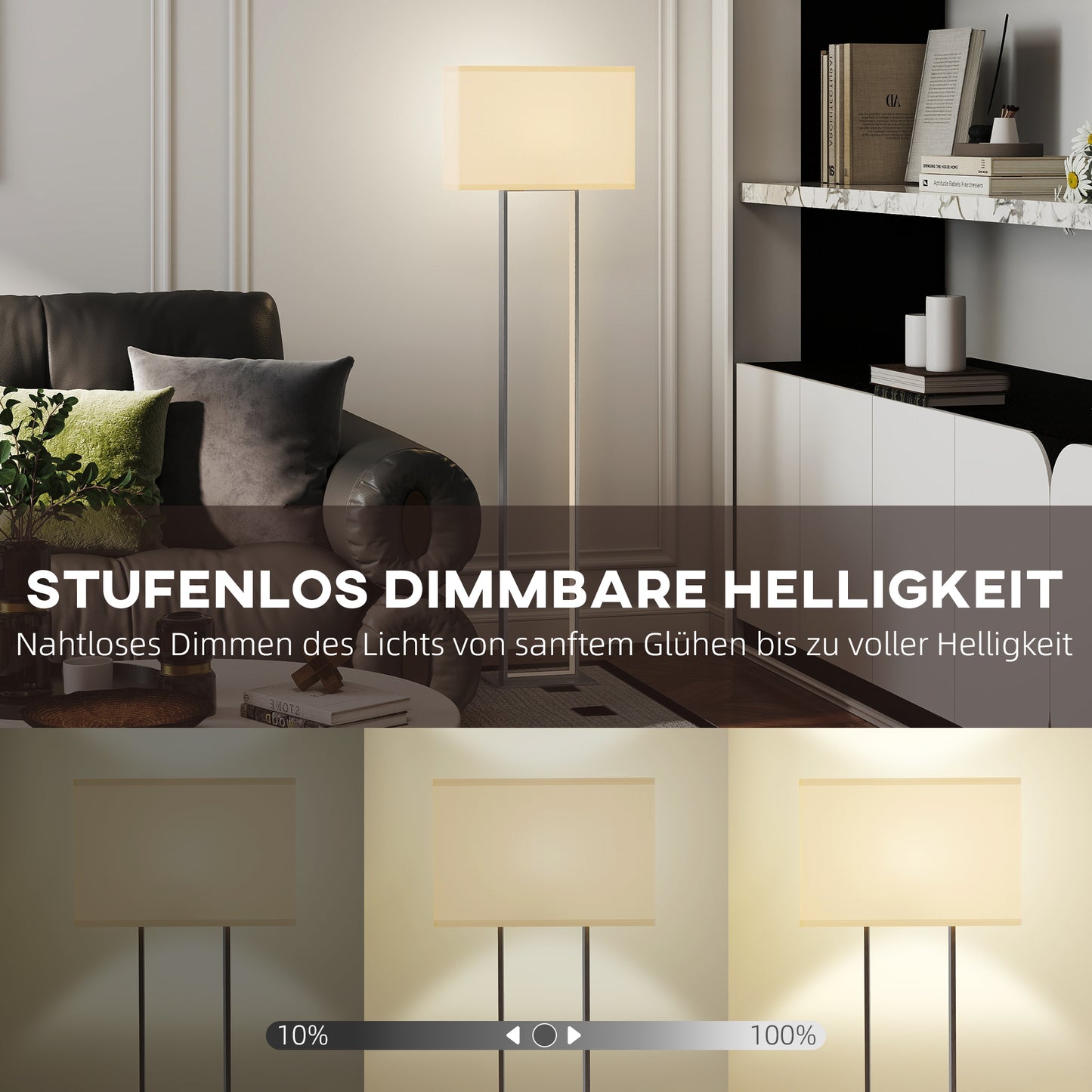 HOMCOM Moderne Stehlampe, 3 Modi, Fußschalter, verstellbare Helligkeit, Leinenoptik, Weiß