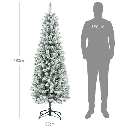 HOMCOM Künstlicher Weihnachtsbaum, schlanke Form, Kunstschnee, dreiteilig, flammhemmend, Metallfuß, 183 cm, Grün