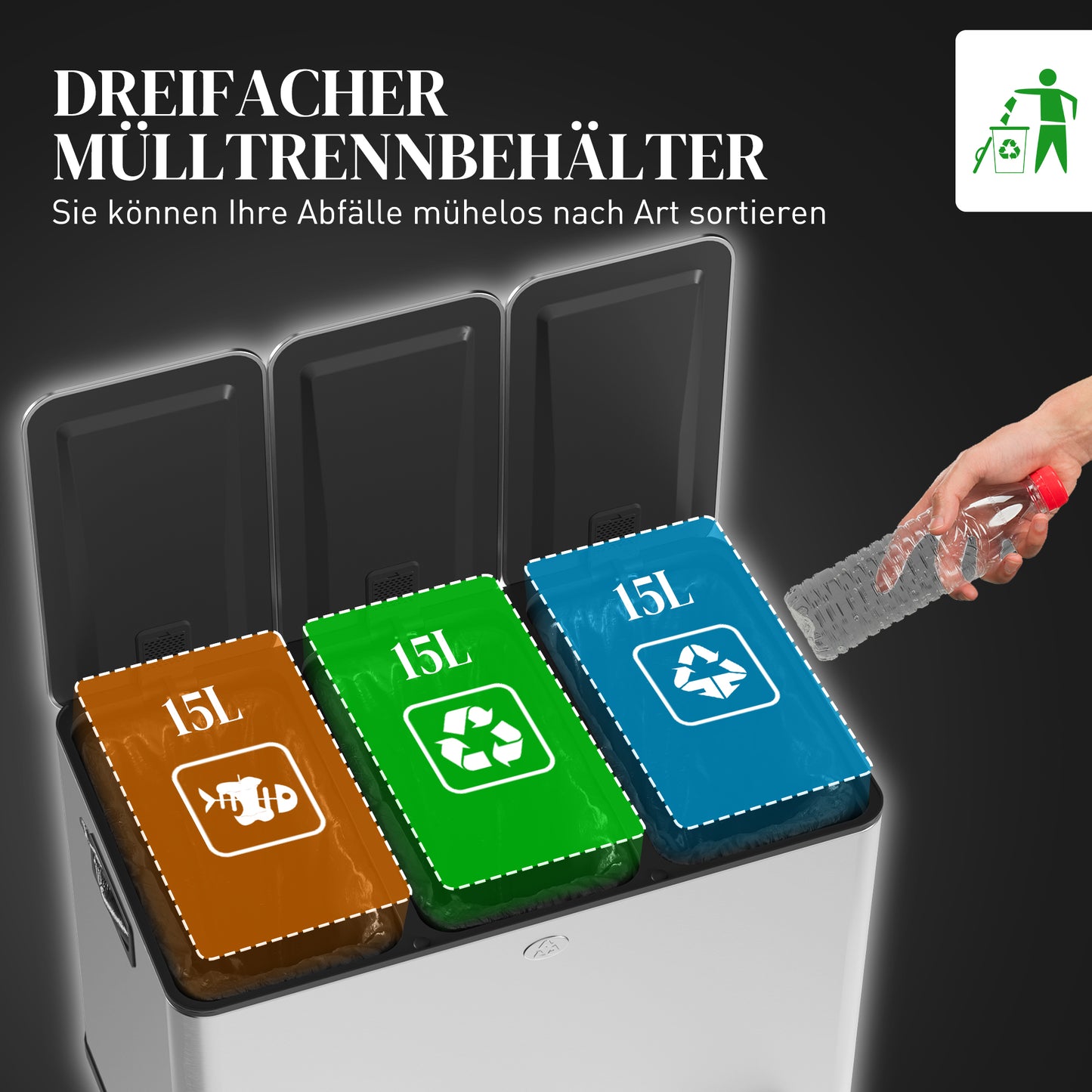 HOMCOM Mülleimer mit 3 x 20 L Fächern, Deodorant-Deckel, fingerabdrucksicher, Soft-Close, herausnehmbar, Silber