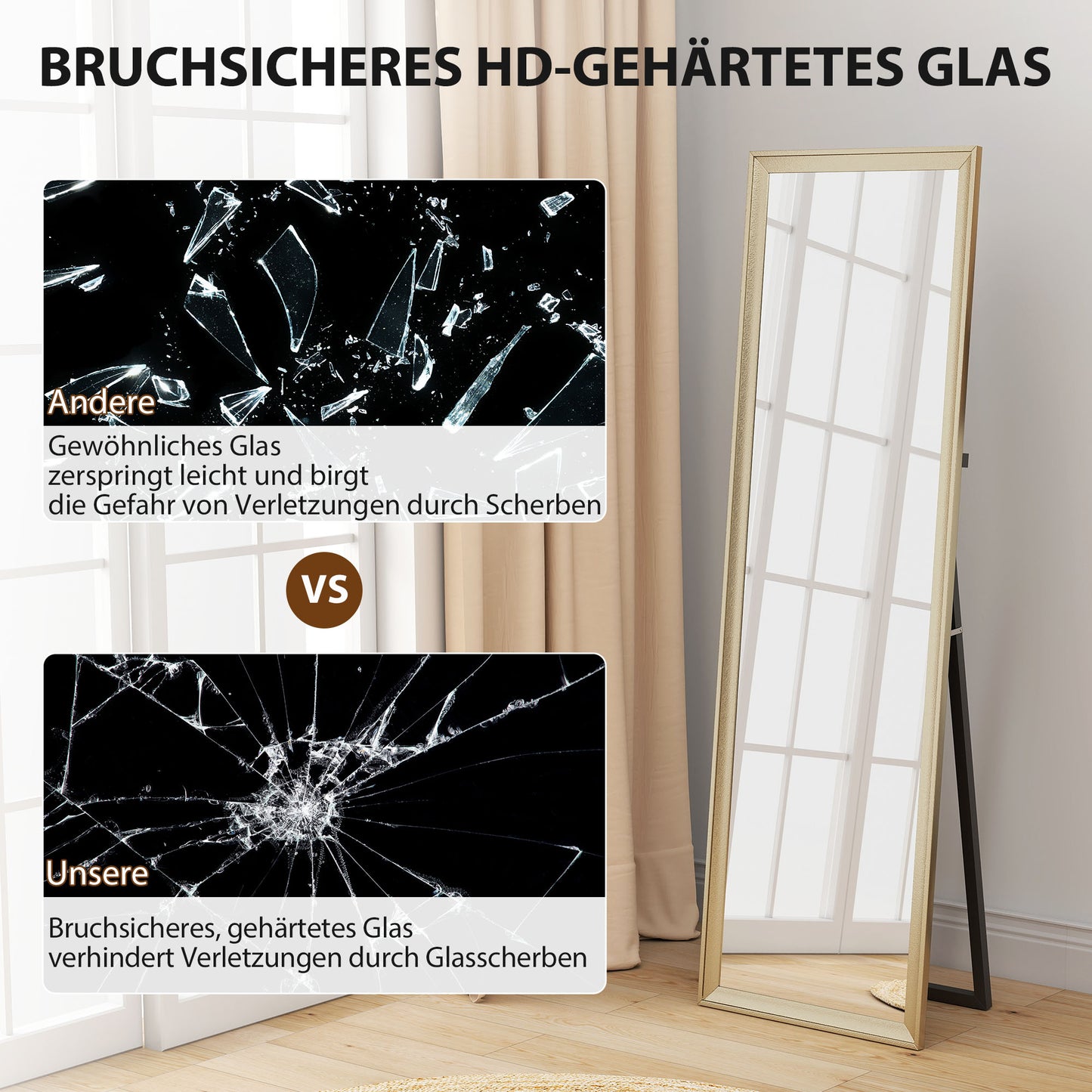 HOMCOM Ganzkörperspiegel, flexibel platzierbar, 160 x 50 cm, Goldton