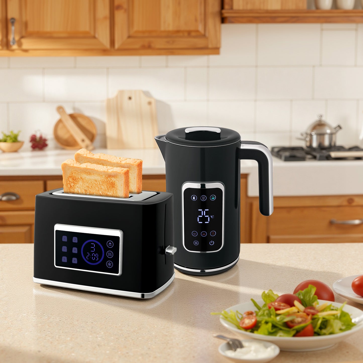 HOMCOM Wasserkocher und Toaster-Set mit LED-Touchscreen, 1,7 L, 2 Toasterschlitze, verschiedene Modi und Funktionen, Schwarz