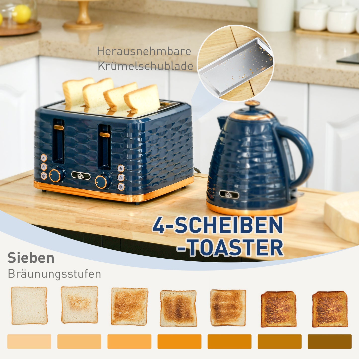 HOMCOM 2-in-1 Toaster- und Wasserkocher-Set, 7 Bräunungsstufen, Auftau- und Aufwärmfunktion, Blau