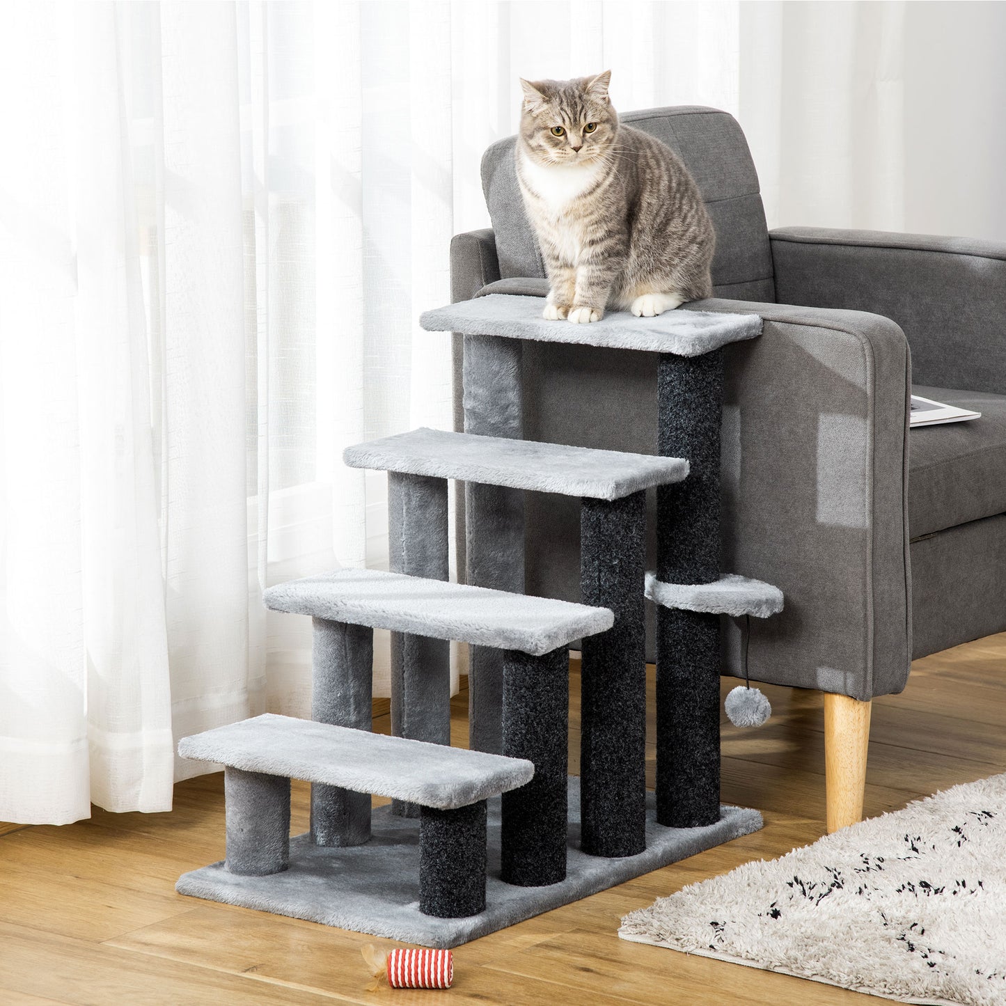 PawHut Katzentreppe 4-stufige Haustiertreppe mit Kratzsäulen Ball Hundetreppe Tiertreppe für Katzen bis 5 kg Plüsch Jute Grau 60 x 40 x 64 cm