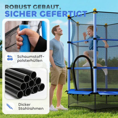 HOMCOM Trampolin für Kinder, Ø140 cm, mit Sicherheitsnetz, für innen und außen, Stahl, Kunststoff, belastbar bis 50 kg, Blau