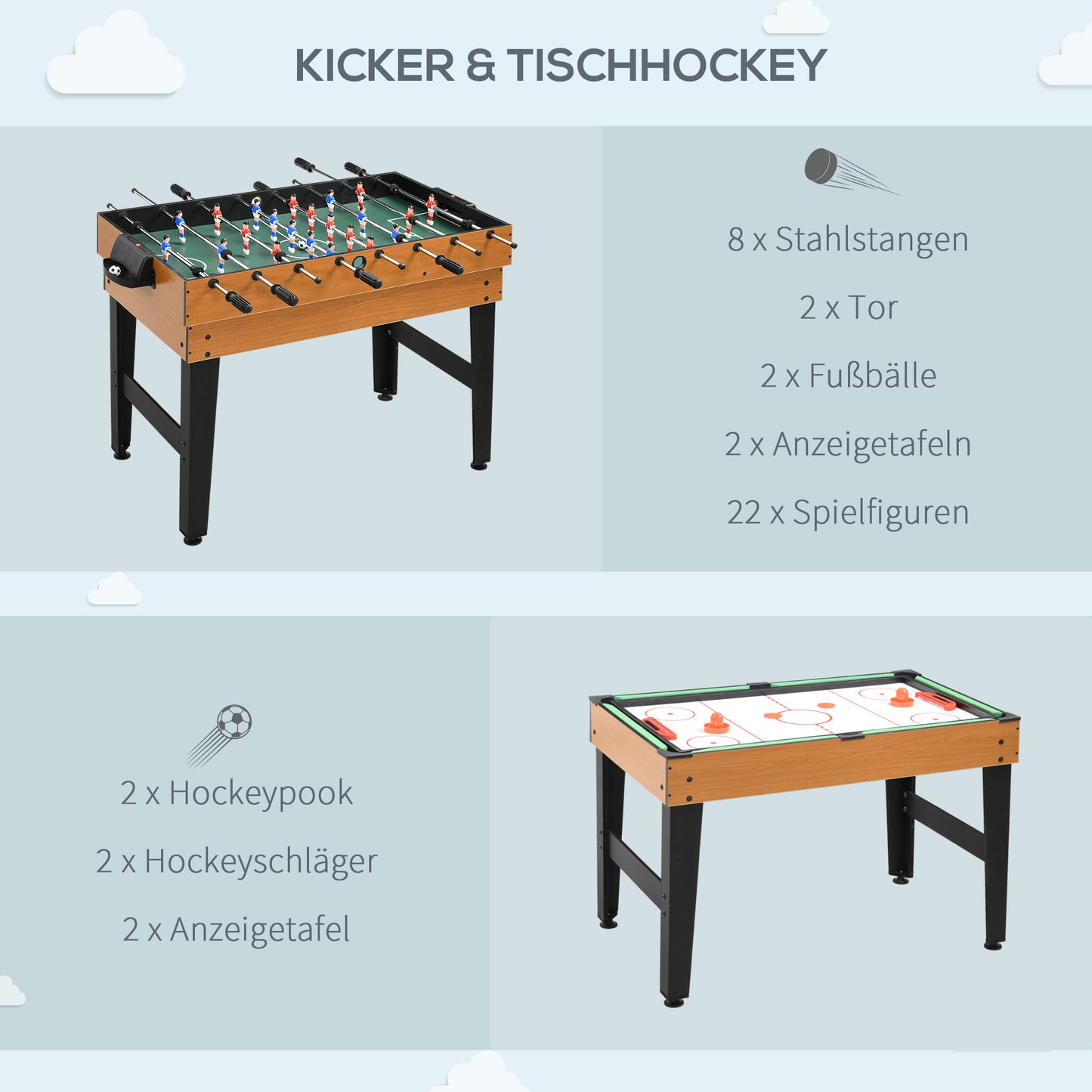 HOMCOM 4-in-1 Partyspieltisch inkl. Tischtennis, Kicker, Billard, Tischhockey, Metall, Holz, Natur+Schwarz