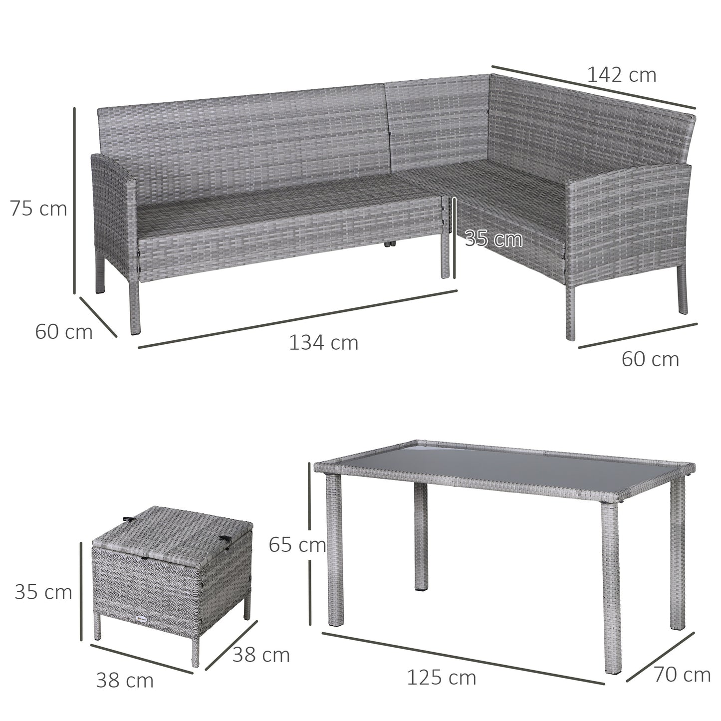 Outsunny 5-tlg. Gartenmöbel Set, Rattan Sitzgruppe mit Fußhocker, Metall, Grau, 142 x 60 x 75 cm