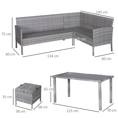 Outsunny 5-tlg. Gartenmöbel Set, Rattan Sitzgruppe mit Fußhocker, Metall, Grau, 142 x 60 x 75 cm