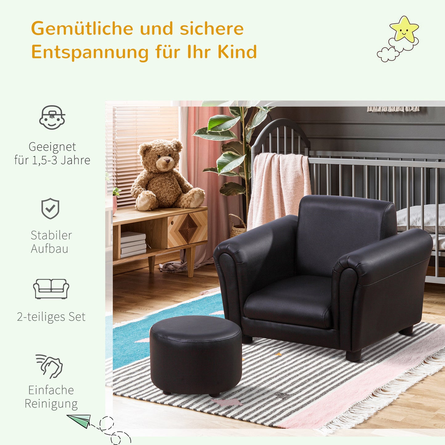 HOMCOM Kindersessel mit Fußhocker Kindercouch Kindersofa Minisofa für 1,5-3 Jahre Kinder Kindermöbel Holz Schwarz 54 x 42 x 41 cm