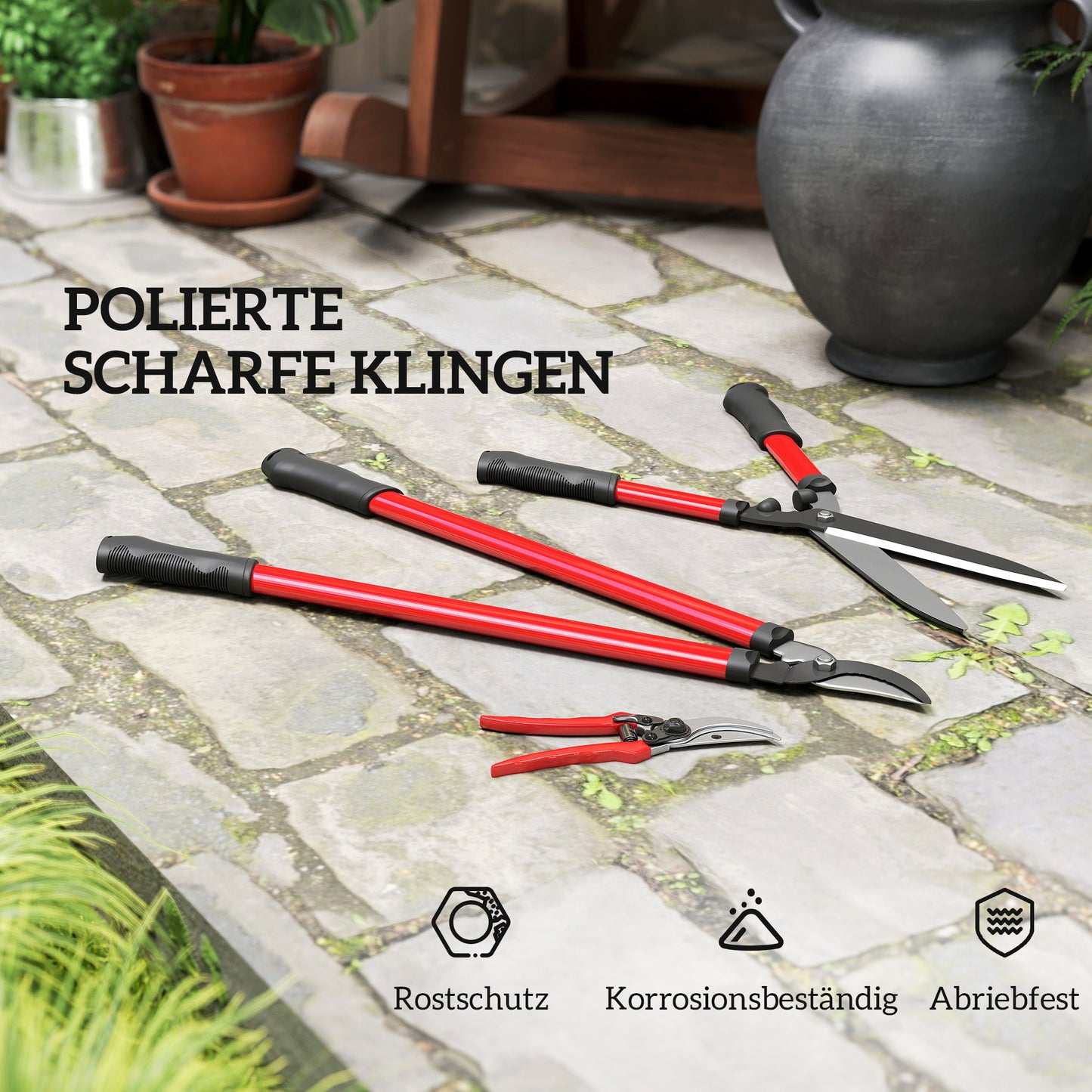 Outsunny Heckenschere Set 3-teilig Gartenschere Astschere mit Stahlklingen, Griff