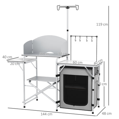 Outsunny Campingküche, faltbar, 3 Arbeitsplatten, Windschutz, Stoffschrank, 144x48x119cm, Silber