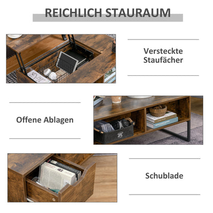 HOMCOM Couchtisch Wohnzimmertisch Kaffeetisch mit Höhenverstellbarer Platte Spanplatte Braun 100 x 60 x 44 cm