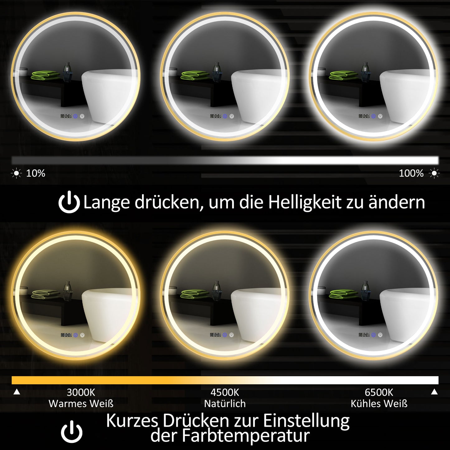 HOMCOM Runder Badezimmerspiegel mit LED-Lichtern, Badspiegel mit Anti-Beschlag-Funktion, Touch-Bedienung, Display