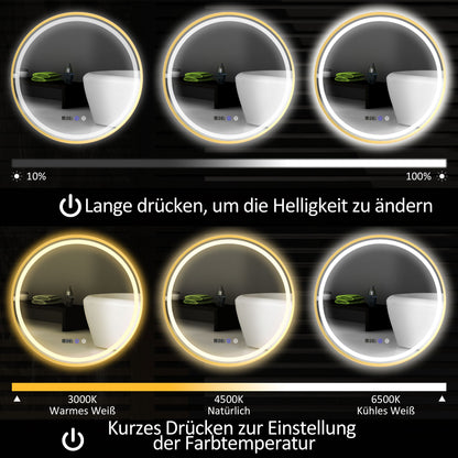 HOMCOM Runder Badezimmerspiegel mit LED-Lichtern, Badspiegel mit Anti-Beschlag-Funktion, Touch-Bedienung, Display