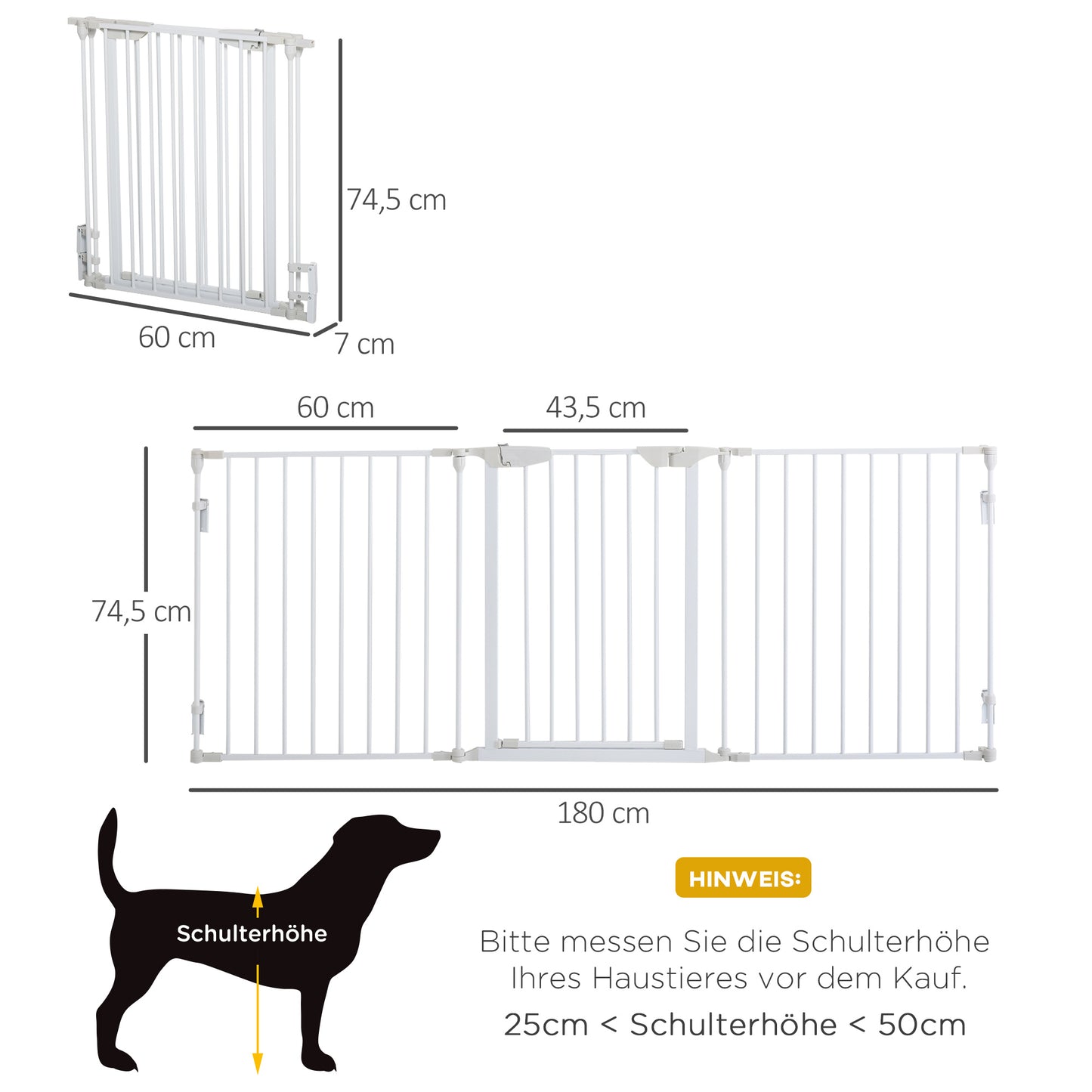 PawHut Absperrgitter Hund Freistehendes Schutzgitter 180 x 74,5 cm Hundegitter Klappbar Türschutzgitter Treppengitter Hundeabsperrgitter für Treppen, Türen, Küche, Flur, 3 Panelen, Weiß