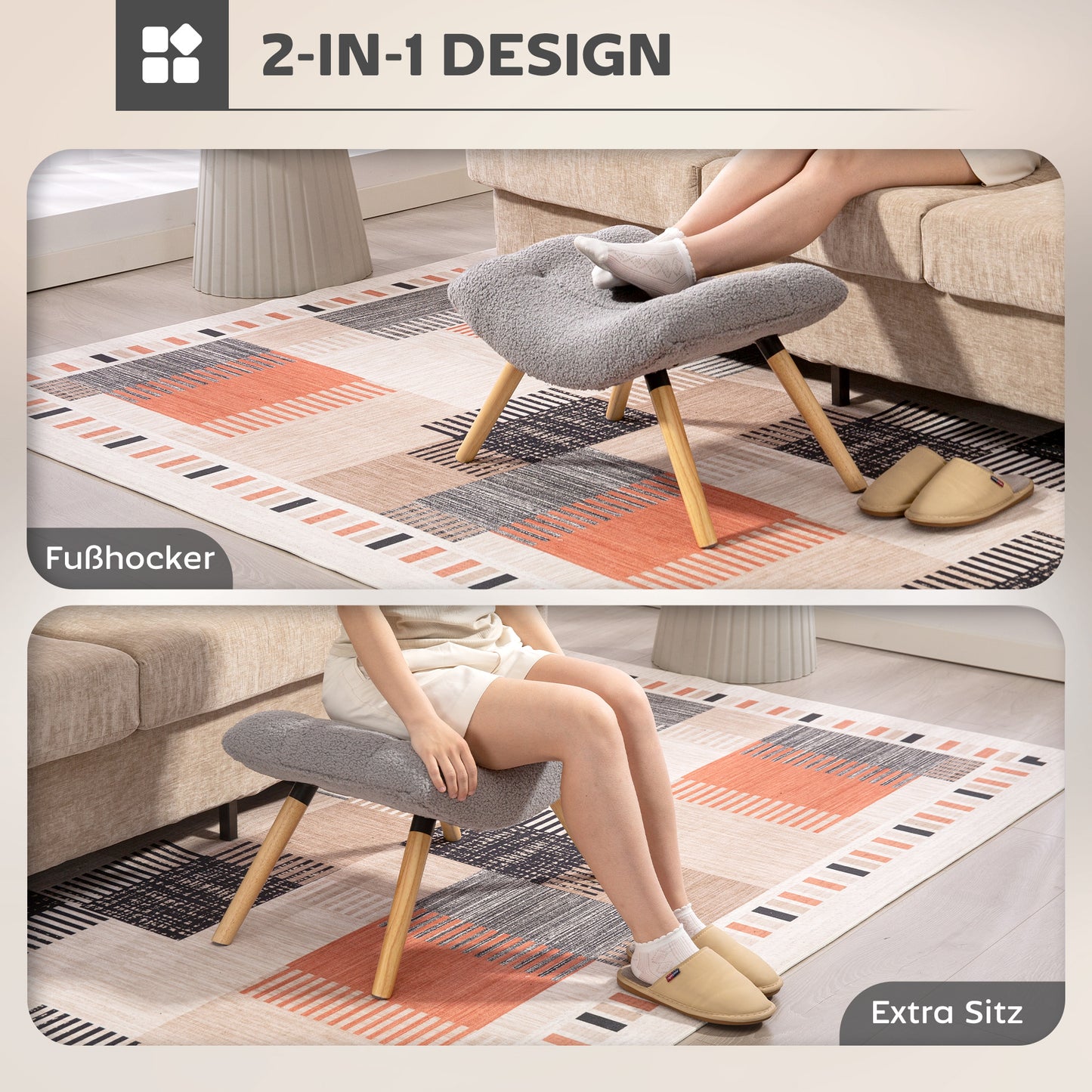 HOMCOM Moderner Fußhocker mit Fleece-Bezug und Holzbeinen, gepolstert, für Wohnzimmer, Schlafzimmer, Flur, Hellgrau