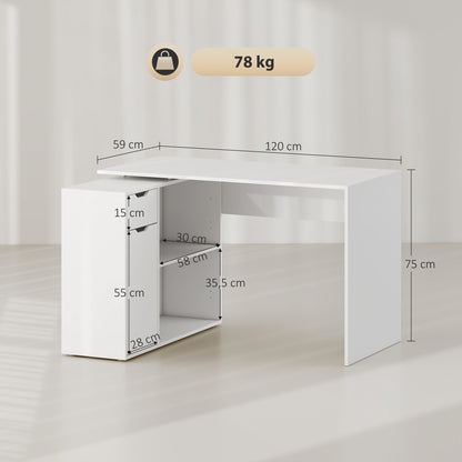 HOMCOM Flexibler Schreibtisch, 2-stufiger Schrank, Schublade, offene Fächer, Holz, Weiß