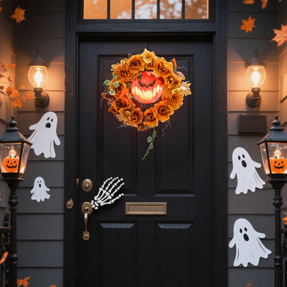 Outsunny Halloween-Kranz, Grusel-Kürbis-Design, Herbstblätter, Lichteffekte, Kunststoff